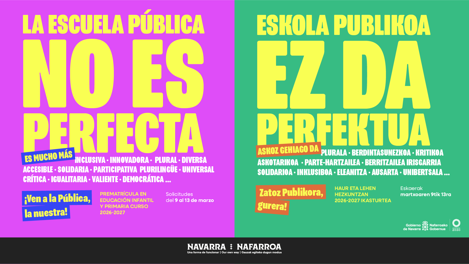 ‘La escuela pública no es perfecta, es mucho más’, lema de la campaña de Educación para la admisión de alumnado en el curso 2026/2027